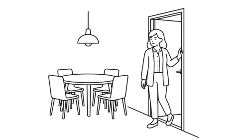 ペテロが食卓から少しずつ離れていく。丸いテーブルと椅子を背に、女性が戸口から外へ出ようとしている線画