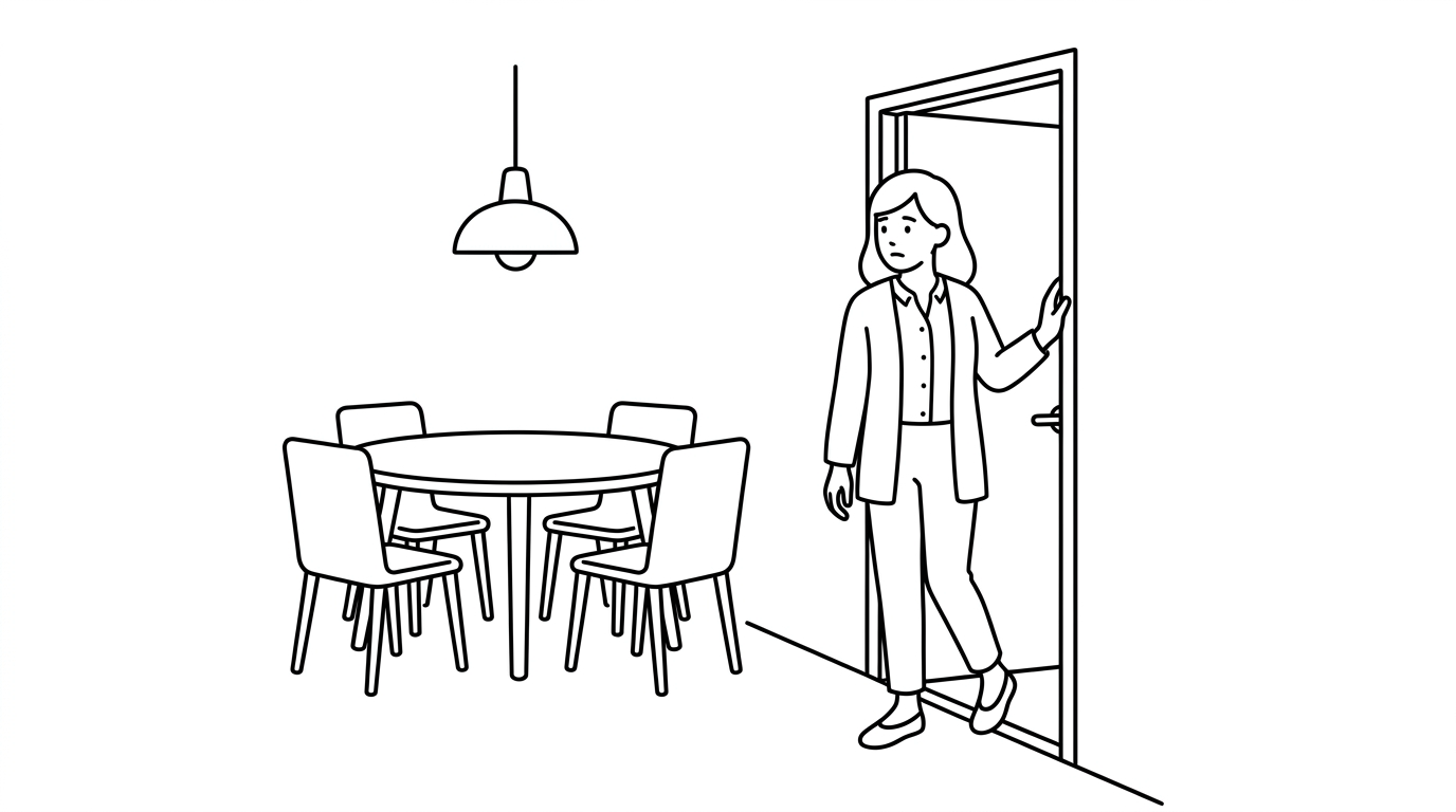 ペテロが食卓から少しずつ離れていく。丸いテーブルと椅子を背に、女性が戸口から外へ出ようとしている線画